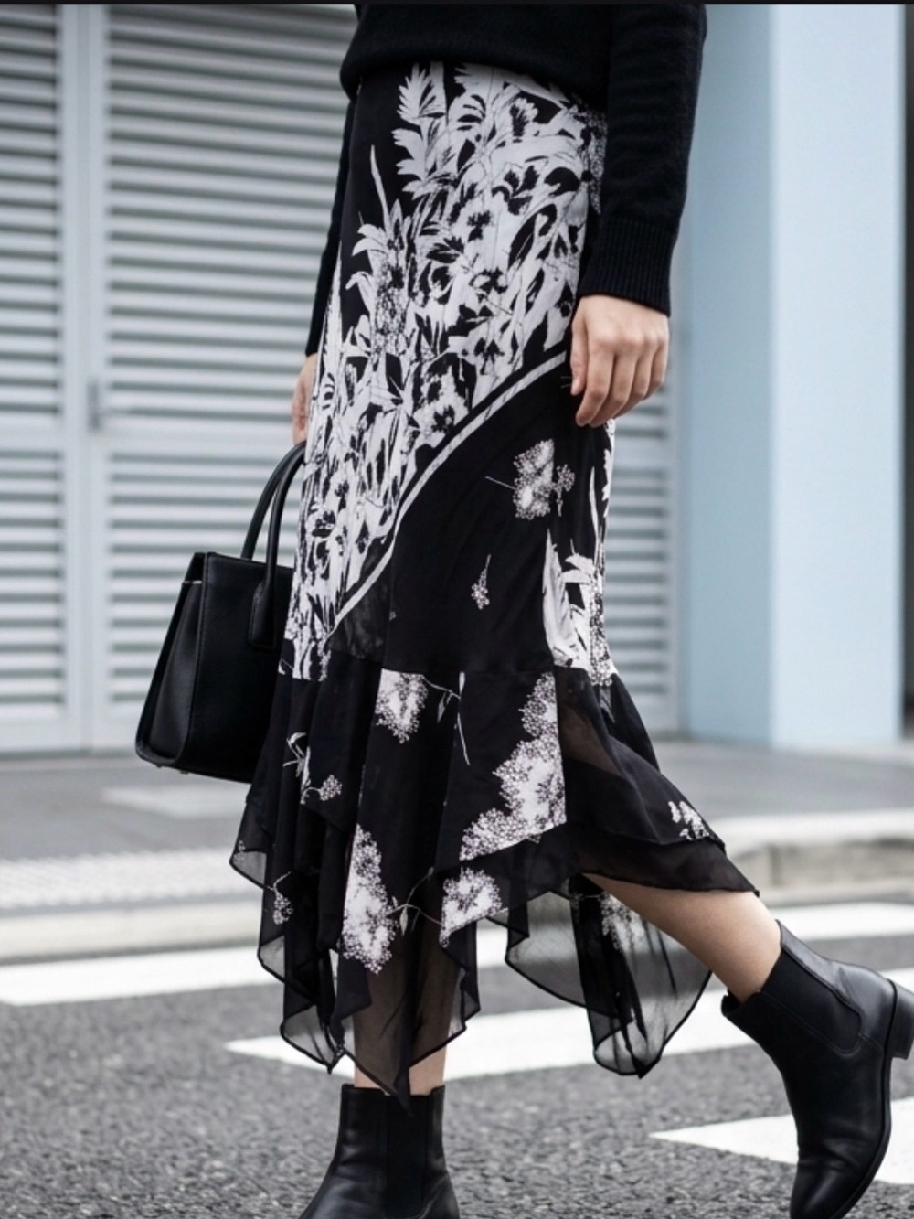Snazzie Sheer asymmetrical black & white floral beaded Maxi skirt